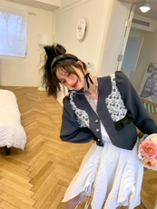 提花拼接灰色短款西装，女装西装，YOUER DENG