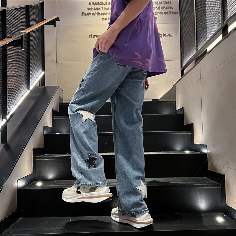 美式高街星星贴布牛仔裤宽松直筒显瘦水洗长裤男女潮,男装牛仔裤,星座410-6（原星座1304-1）