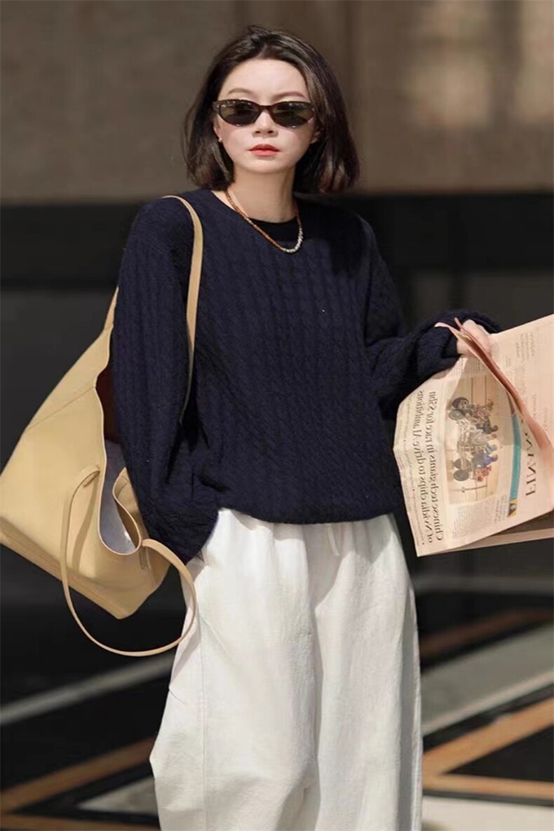 宽松显瘦麻花针织衫2024早秋新款女装韩版内搭打底衫,女装羊毛衫,旭驰羊绒