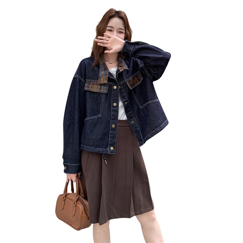 休闲工装格纹拼接牛仔短外套女春秋2025新款巨好看超火百搭高级感,女装短外套,2C306