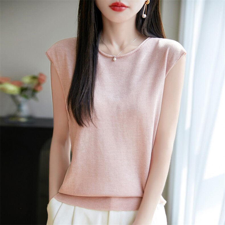 2025年夏季薄款短袖修身型精纺醋酸莱赛尔卷边小飞袖,女装T恤,美杜莎羊绒