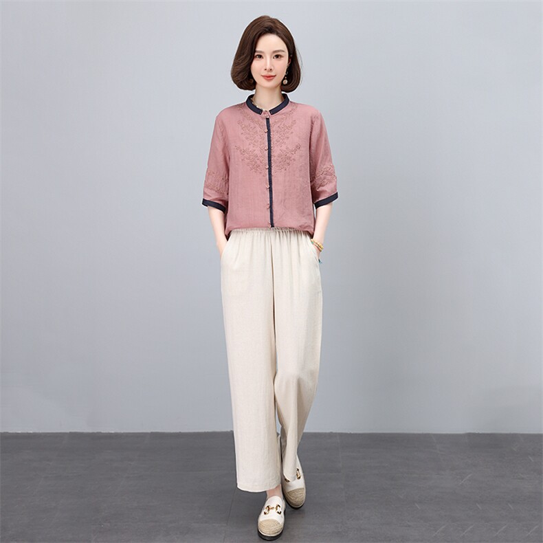 2025夏季新款时尚套装女立领真丝提花上衣阔腿裤两件套久恒雅鑫,女装套装/套裙,凝聚力