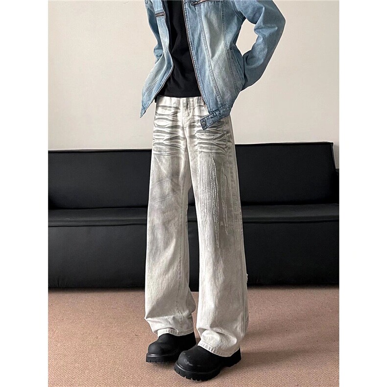 【龙爪脏染】美式水洗脏染设计直筒宽松cleanfit男女牛仔裤N6024,男装牛仔裤,星座310B-1
