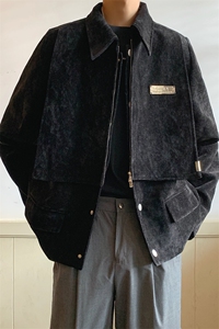 老钱风复古雪尼尔假两件夹克男痞帅宽松短款外套秋冬季HN61特P75图片