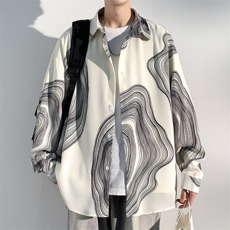 特批30无差价24春款港风潮流水墨条纹长袖衬衫男大码衬衣外套C866，男装衬衫，电商A001