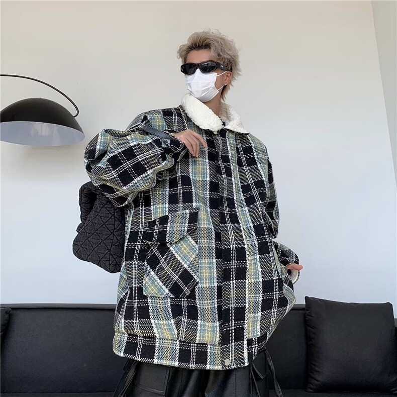 复古外套男秋冬季羊羔毛棉服加绒加厚小香风宽松格子棉衣潮M8029,男装夹克,星座1116A-1（原606A）
