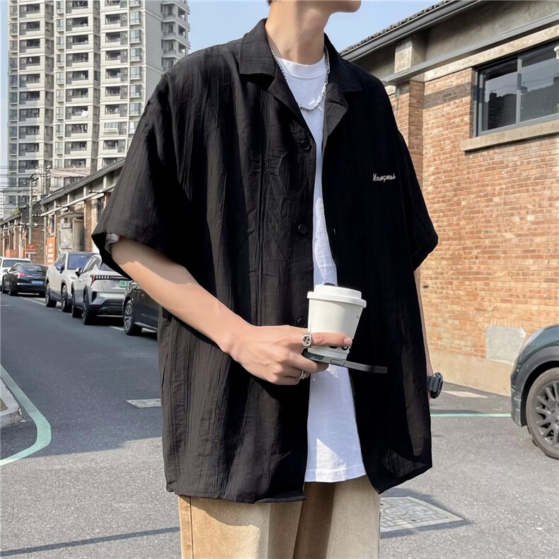 日系五分袖春夏季新款衬衫潮流慵懒男方领宽松型衬衫ED26P32,男装衬衫,星座1116-2