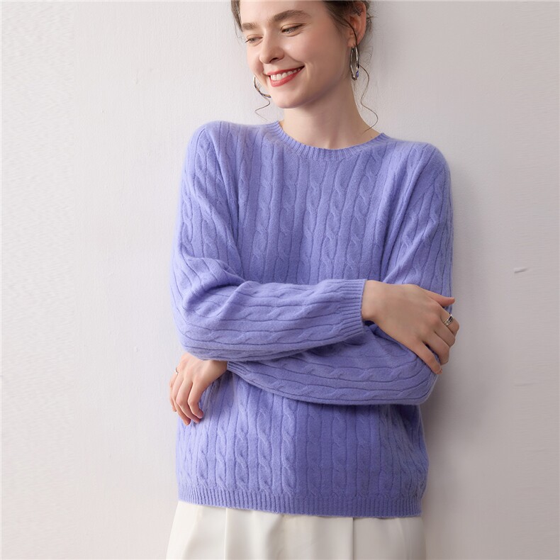 麻花羊绒衫女秋冬新款圆领加厚山羊绒毛衣宽松扭花气质针织打底衫，女装羊绒衫，暖绒情旗舰店