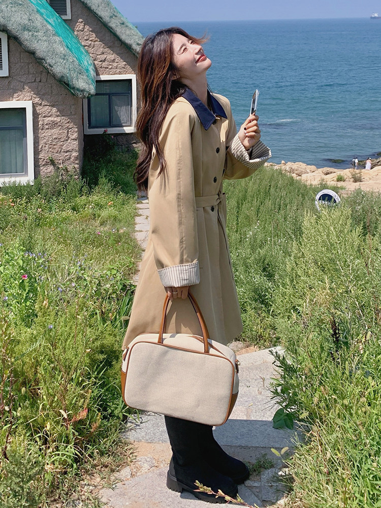 POLO领宽松型宽松风衣中长款纯色春秋英伦风短款百搭气质小个子,女装风衣,蝶眷