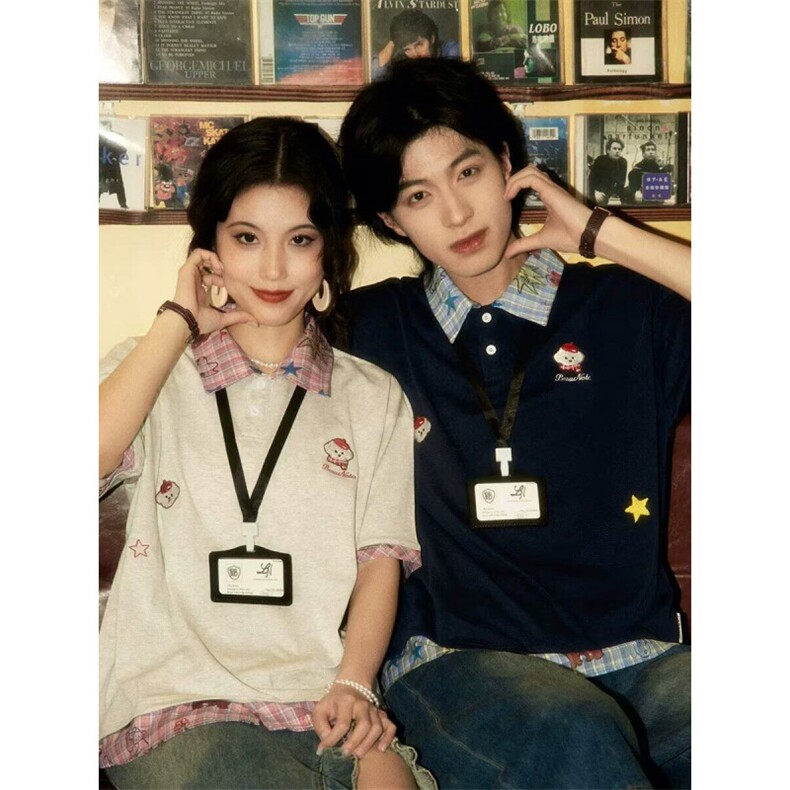 潮牌小狗刺绣拼接假两件短袖女男夏季POLO衫t恤宽松上衣，男装Polo衫，星座1210-1