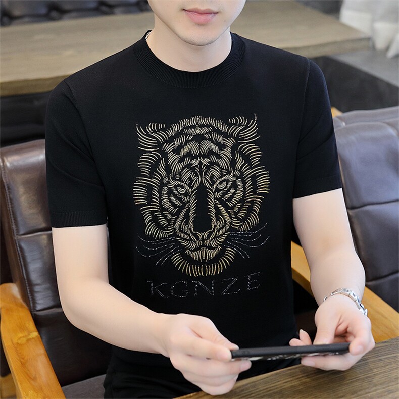 直播7320-P60欧洲站男装短袖t恤冰丝夏季新款韩版烫钻半,男装T恤,电商D310B