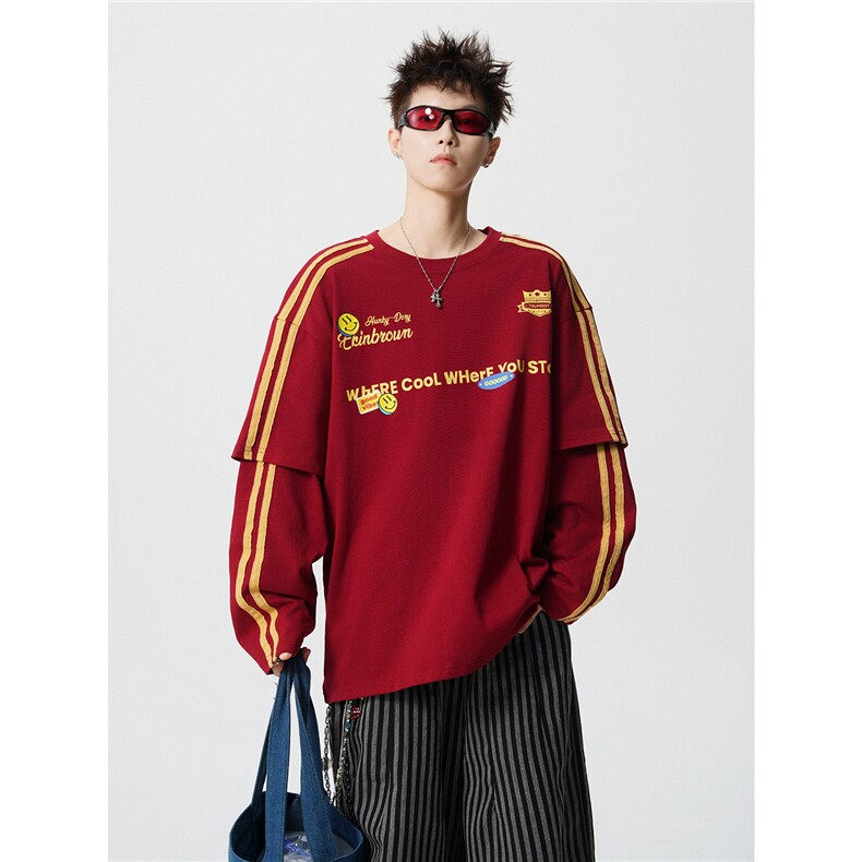 印花假二件袖子织带大码M-5XL长袖T恤男：棉CT78105P45控68，男装T恤，星座227-7