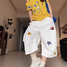 美式复古设计感星星刺绣趣味工装裤子女辣妹宽松慵懒风七分中裤潮，男装工装外套，星座1210-1