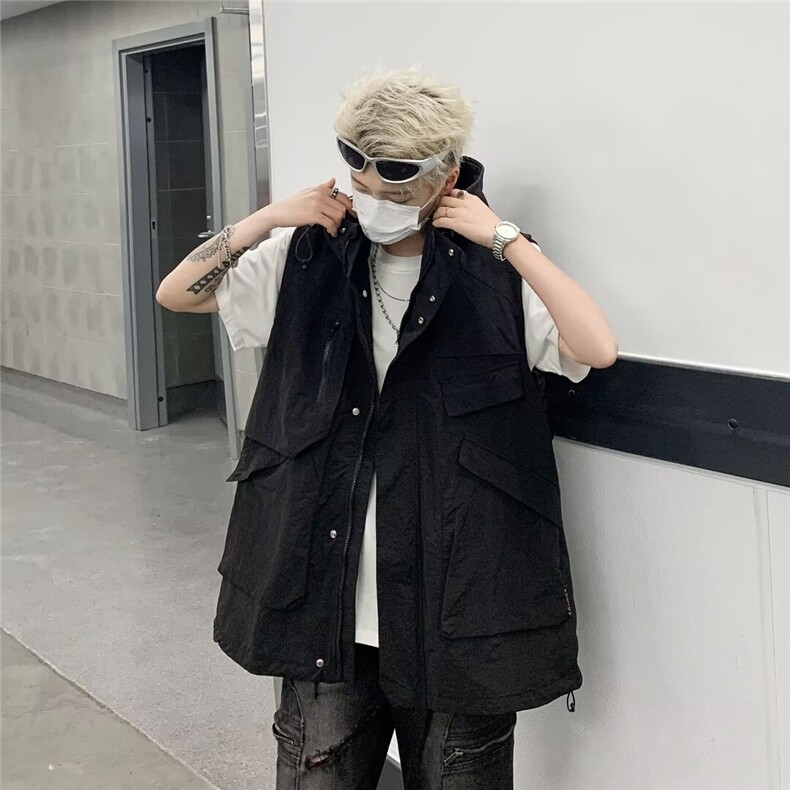 工装马甲男秋季美式潮牌户外机能多口袋潮流百搭外穿休闲连帽外套,男装工装外套,星座1013