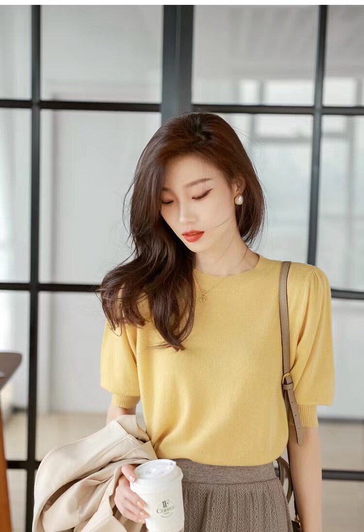 春秋针织短袖t恤上衣女2025新款女套头百搭，女装针织衫/毛衣，圣旺供货