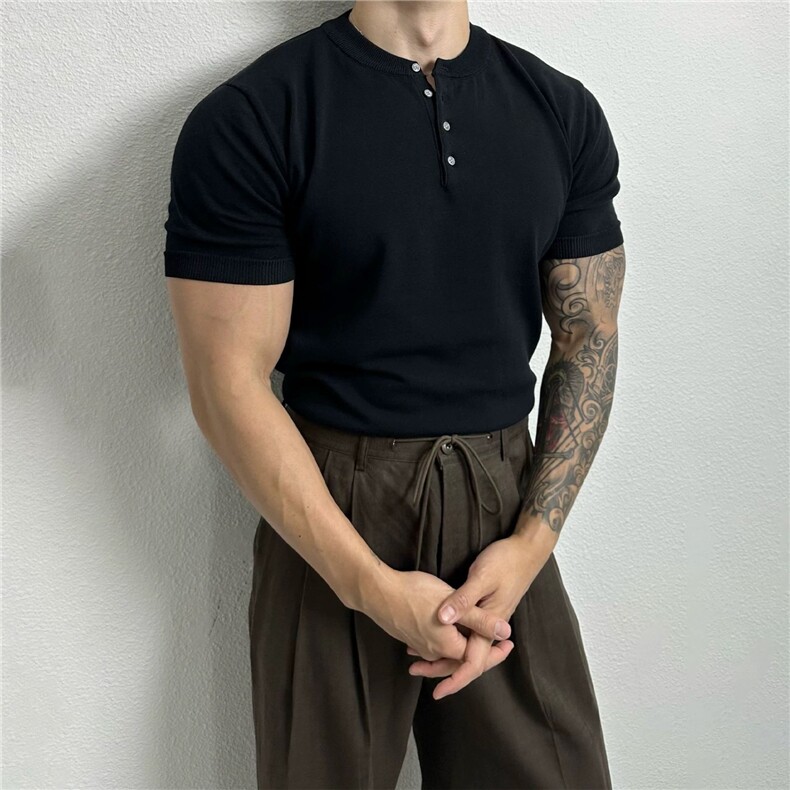 亨利领针织短袖T恤衫男士夏季薄款肌肉男性张力穿搭修身弹力体恤,男装T恤,星座506A