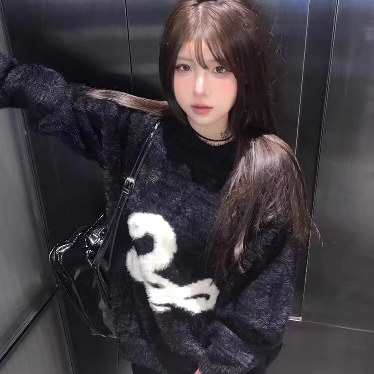 潮牌美式情侣蛇图案毛衣男女秋冬仿貂毛小众慵懒风套头针织外套图片