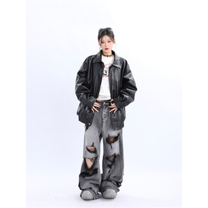 新款PU皮嘻哈外套上衣ins美式复古机车皮夹克男女帅气LJ5077-P65图片