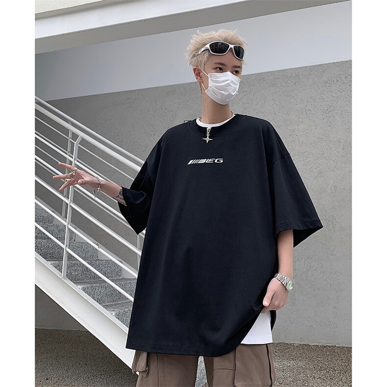 纯棉印花T恤X5492-TP30控价48设计感拉链领口上衣宽松港风短袖,男装T恤,电商A102-1