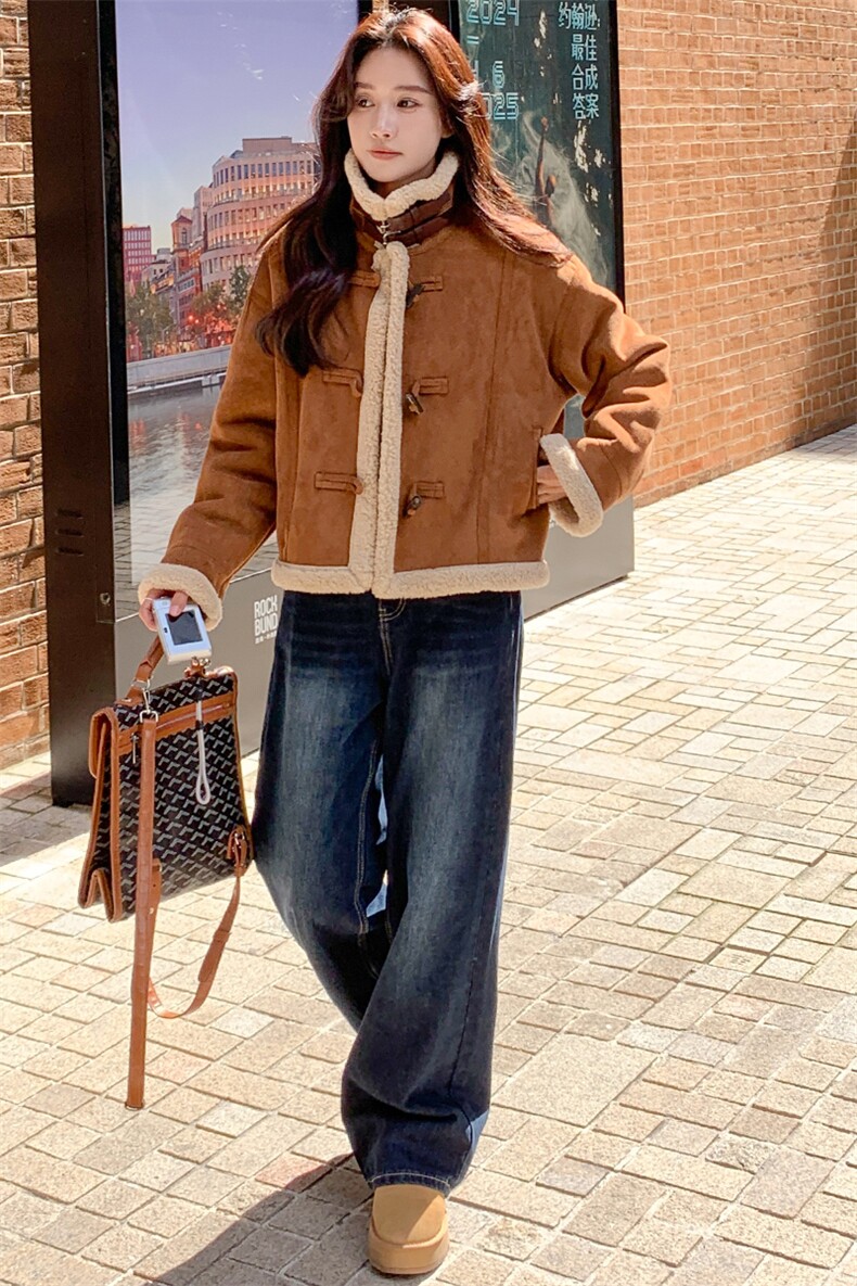 皮毛一体仿羊羔毛外套冬季2024新款小个子加厚仿麂皮绒机车服夹克,女装羊羔毛/颗粒绒,纯色衣恋