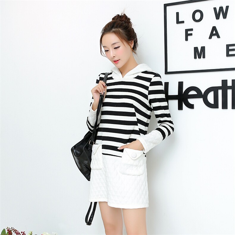 时尚条纹连帽长袖连衣裙显瘦百搭休闲女装舒适柔软面料，女装连衣裙，尚娜萱