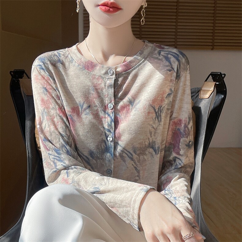圆领新款针织女长袖花色简约百搭宽松开衫上衣,针织衫/毛衣,绒宛羊绒