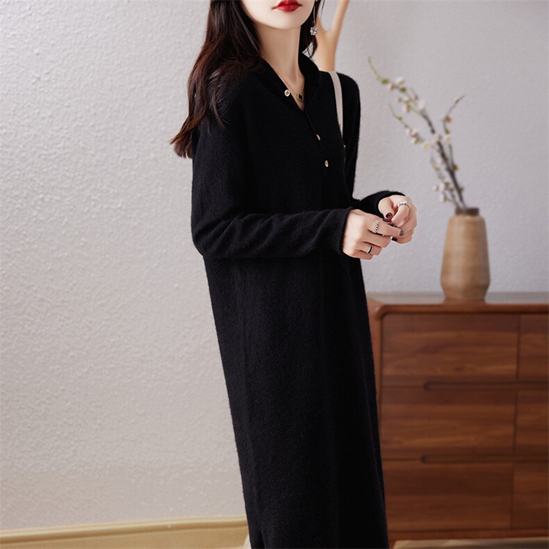 连帽中长款针织衫羊毛连衣裙女秋冬2024年新款，女装连衣裙，哲奥羊绒