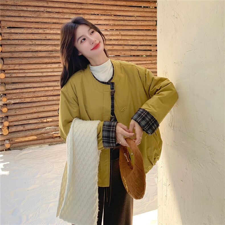 韩系黄色格纹拼接羽绒棉服外套女秋冬2025新款时髦棉袄超漂亮棉衣图片