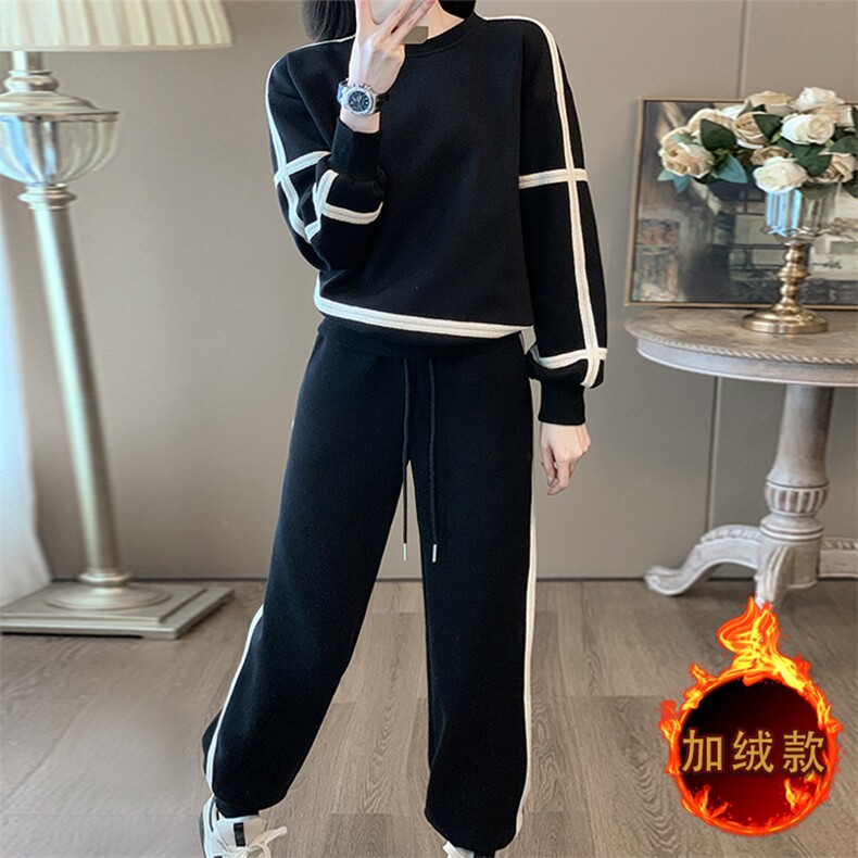 女秋冬新款宽松撞色圆领卫衣卫裤两件套,女装套装/套裙,江南