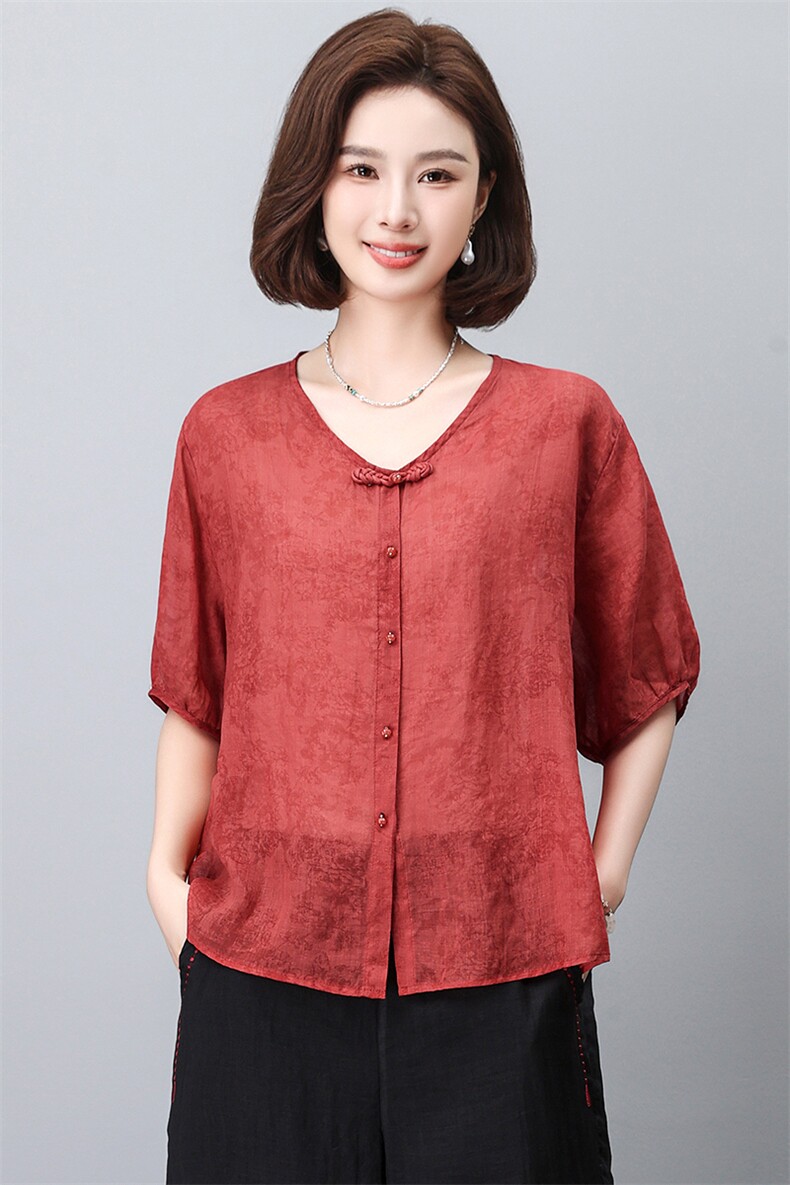 新中式盘扣苎麻上衣女2024夏季新款轻薄复古大码中年妈妈,女装大码女装,奕阳依阁