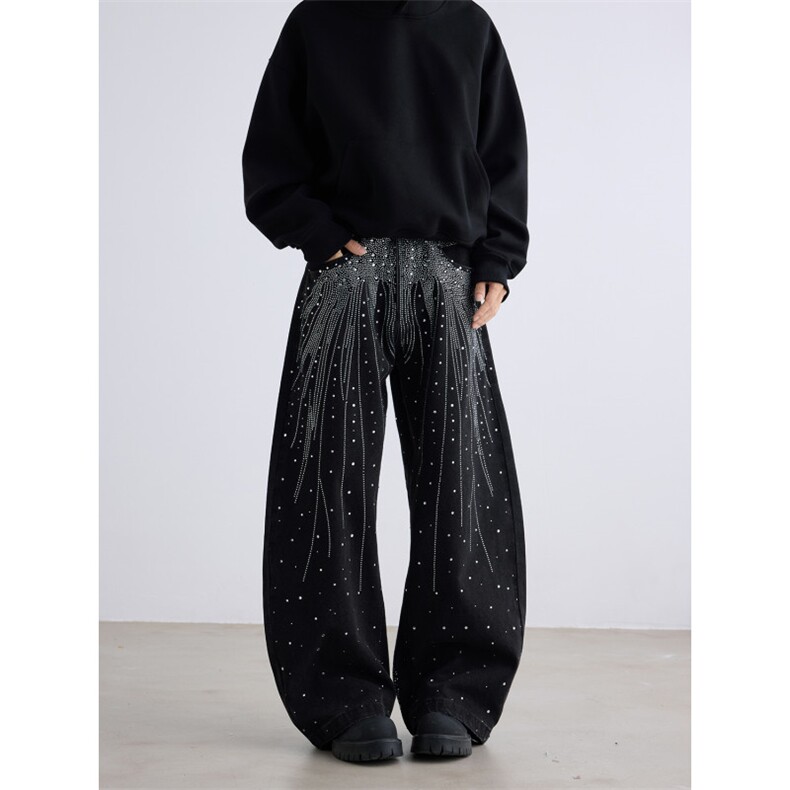 美式炸街Vibe满天星烫钻弯刀牛仔裤男潮牌拖地长裤子N0743-P65，男装牛仔裤，星座308B-2