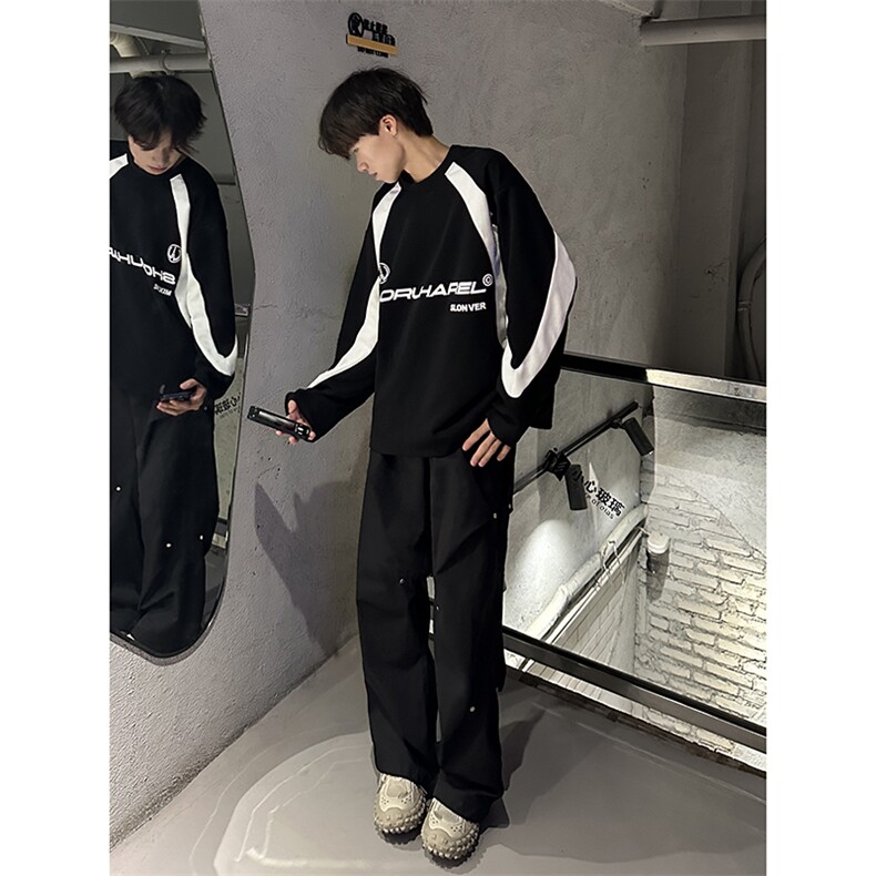 B221美式ins高街暗黑宽松拼接圆领卫衣T恤SY2316-P65控88,男装卫衣,电商B221