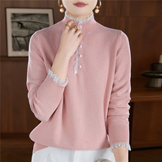 2025年秋季时尚百搭通勤简约休闲珠片花边半高，女装针织衫/毛衣，恒旺羊绒