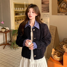 藏青色小香风外套女春季2025新款韩系小个子设计感假两件短款上衣，女装短外套，2C122