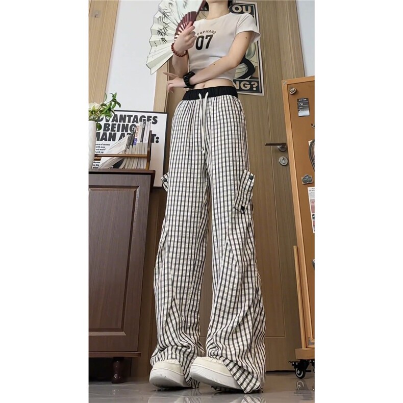 美式褶皱格子工装裤女高级感速干显腿长裤子直筒凉感微喇裤图片