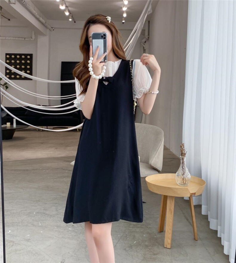 新款气质蝴蝶结拼接假两件A字连衣裙，女装连衣裙，炅缇恩