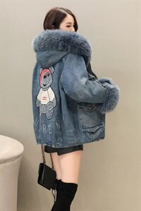 2020时尚休闲牛仔大毛领加绒冬季新款棉服外套女图片