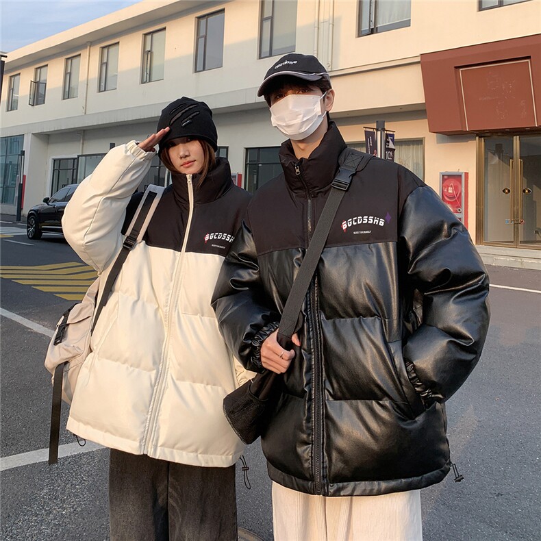 街景时尚字母印花宽松休闲情侣拼色PU皮棉服A247-MY406 P115控168图片