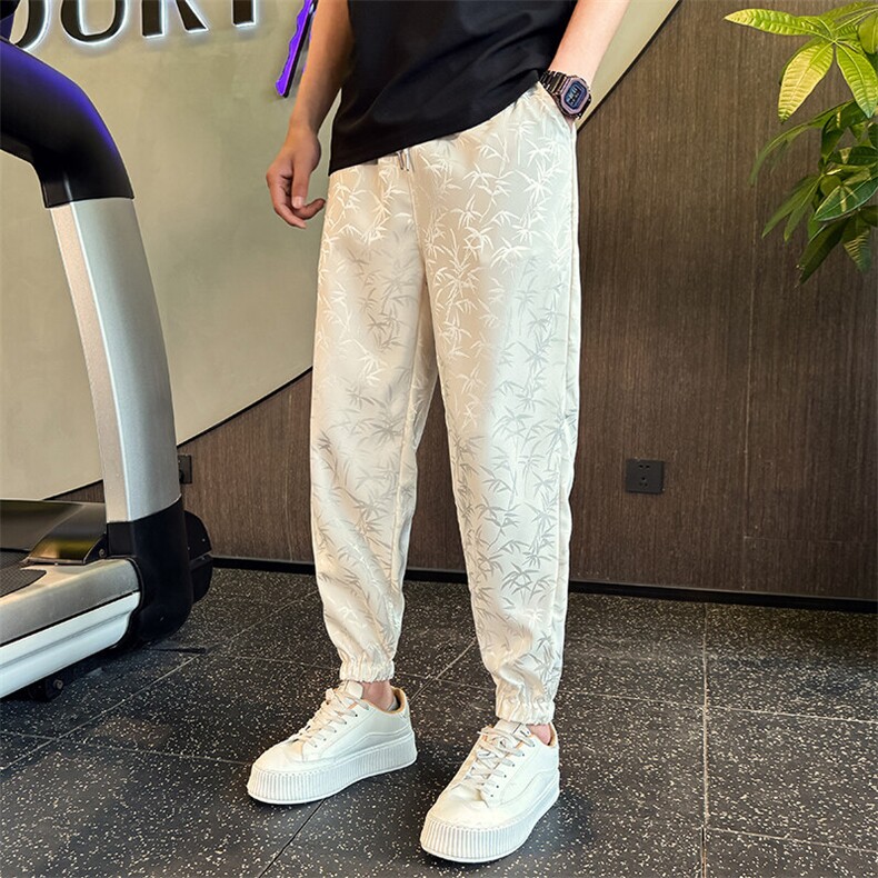 2025夏季冰丝提花中式朝南复古社会小伙束脚裤运动九分裤2213/P58,男装休闲裤,星座313B-2(原星座309A-2)