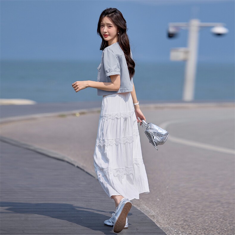 2025夏新品度假风蕾丝花边连衣裙+牛仔短袖两件套,女装套装/套裙,韩蔻秀