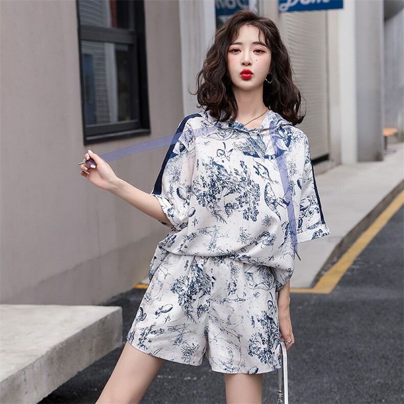 2022年夏季复古水墨印花两件套轻薄透气舒适,女装套装/套裙,韩蜜菓