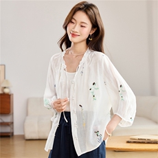 2026春秋季苎麻时尚简约大方气质优雅刺绣休闲透气衬衫，女装衬衫，独衣靓