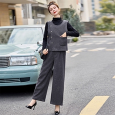 2025新款春装法式后背蝴蝶结马甲阔腿裤三件套，女装套装/套裙，韩蔻秀