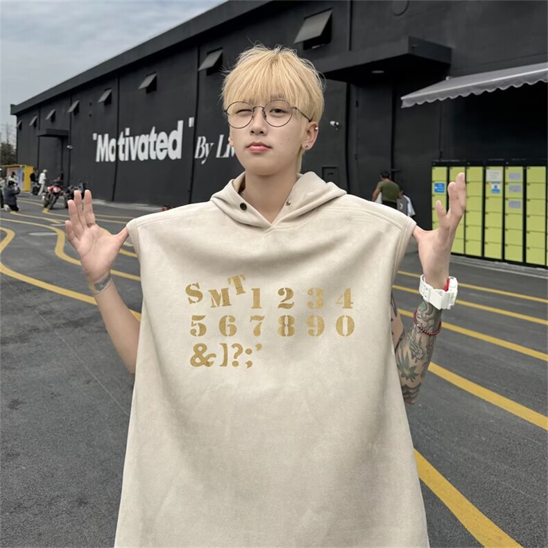 美式运动篮球服连帽卫衣健身带帽背心男夏季无袖坎肩t恤麂皮绒图片