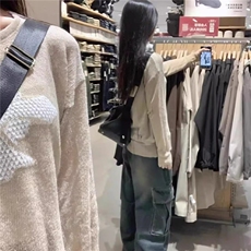 美式复古牛仔工装裤女早秋季新款小个子直筒裤宽松显瘦微喇叭裤子，男装工装外套，星座506A