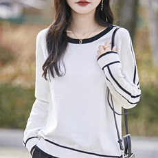 圆领纯棉毛衣打底衫女2025新款春秋季女士棉线保暖宽松拼色针织衫，女装针织衫/毛衣，斯美雅电商供货