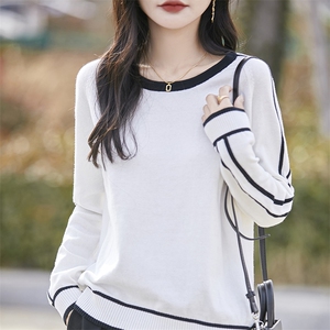 圆领纯棉毛衣打底衫女2025新款春秋季女士棉线保暖宽松拼色针织衫图片