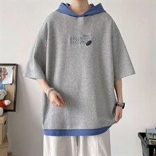 新款时尚港风潮牌字母刺绣假两件短袖青少年连帽T恤ZDL3206-P56，男装T恤，星座717