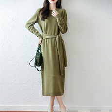 2025百搭时尚简约长款腰带圆领长款连衣裙，女装连衣裙，越洋羊