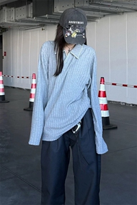 网图慎用 纹理感老钱风手缝线翻领长袖T恤男宽松T24524-特P40控78图片